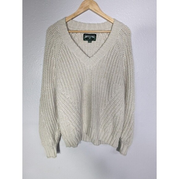 American Eagle Chunky Knit Sweater Beige V Neck Size M Y2K - Picture 1 of 10
